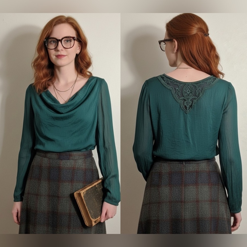 Silk Cowl Neck Lace Accent Crepe Blouse Top Size S Whimsigoth Fairy Romantic